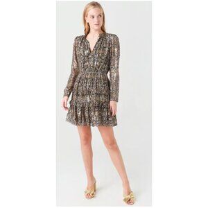 ba&sh Paris Mini Dress Sze2 Medium Printed Long Sleeve Ruffle Tiered V Neck Kaki